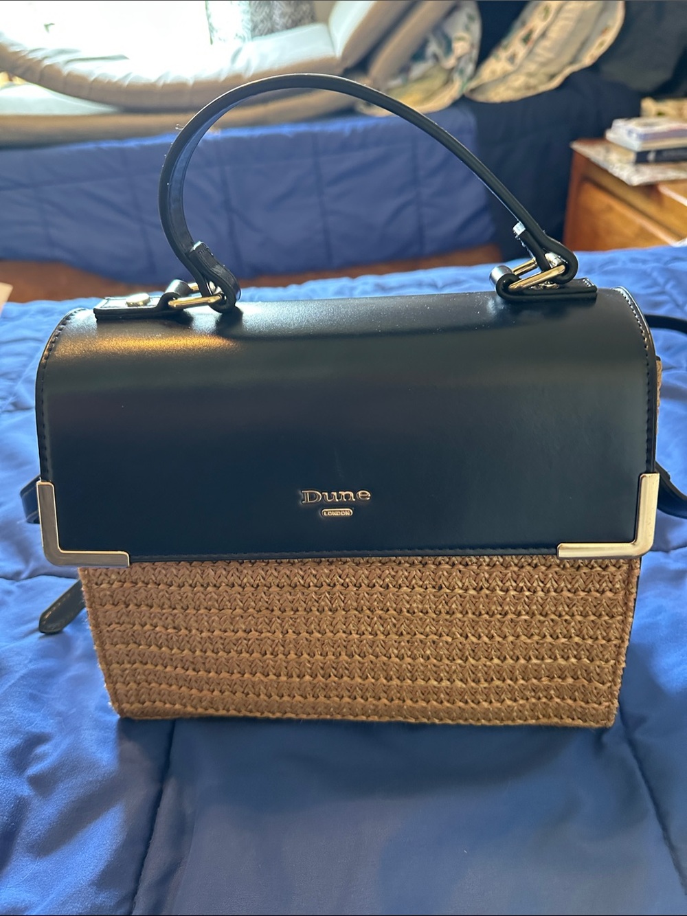 Dune London Navy and White Top-Handle Straw Crossbody Bag
